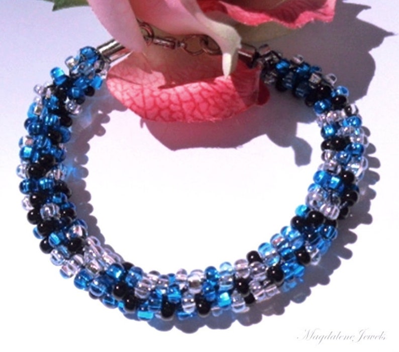 Kumihimo Beaded Bracelet Braided Bracelet Aqua, Sapphire, Onyx, Diamond Czech Glass Beads image 1