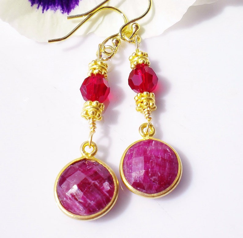 Ruby Gemstone Vintage Earrings 22K Vermeil Gold Accents Ruby Crystals image 2