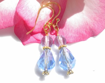 Blue Topaz Blue Rose Quartz Gemstone Earrings 22K Vermeil Gold