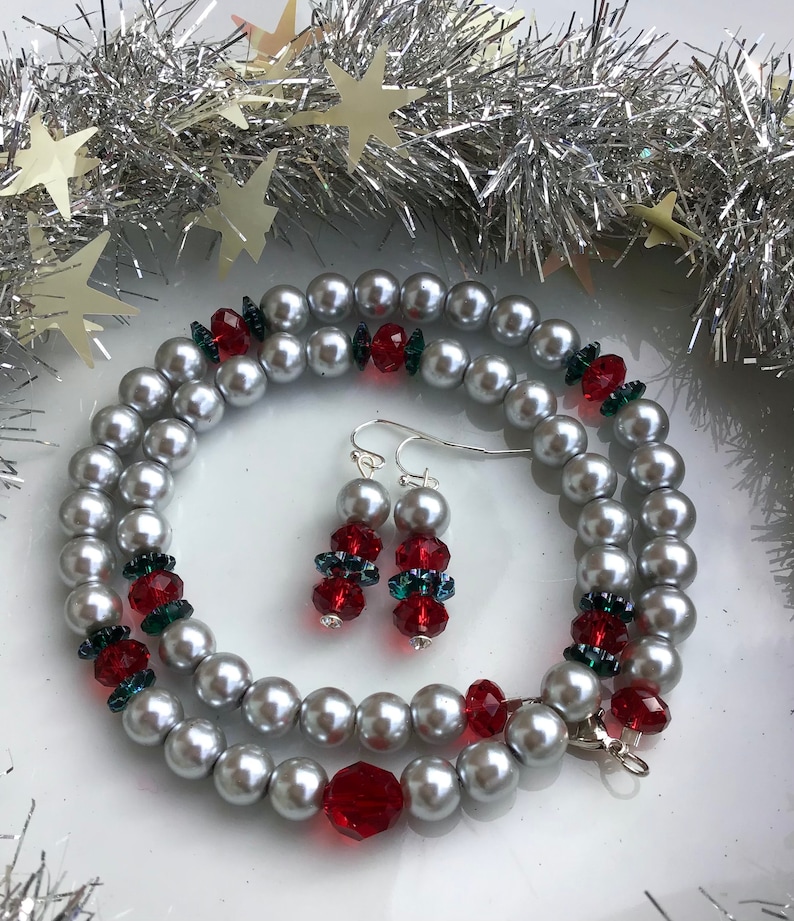 Christmas Silver Pearl Necklace Earrings Scarlet Emerald Crystals image 1
