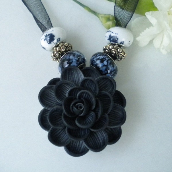 Polymer Clay Flower Necklace Black Dahlia w Lampwork Beads on Blk Organza Ribbon