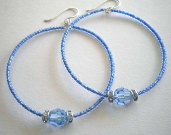 Sapphire Swarovski Crystal Hoop Earrings Sapphire Seed Beads