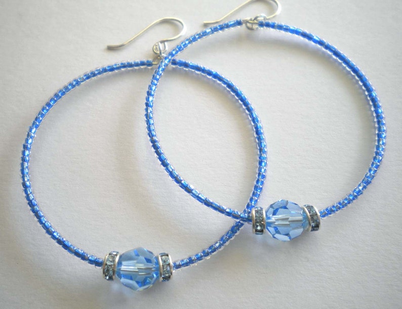 Sapphire Swarovski Crystal Hoop Earrings Sapphire Seed Beads image 1