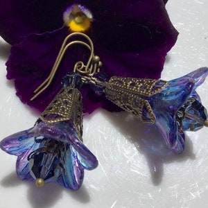 Purple Blue Floral Earrings w Swarovski Crystals image 4