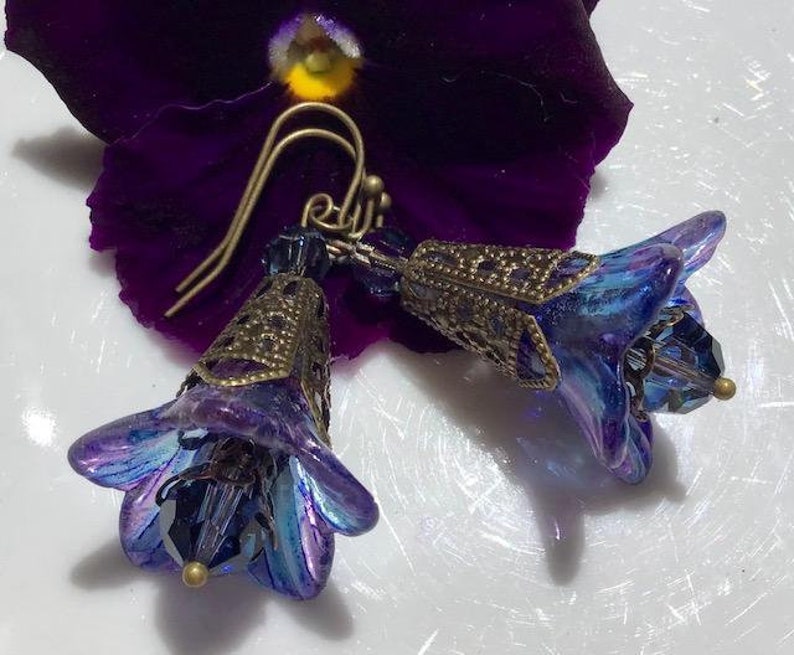 Purple Blue Floral Earrings w Swarovski Crystals image 4