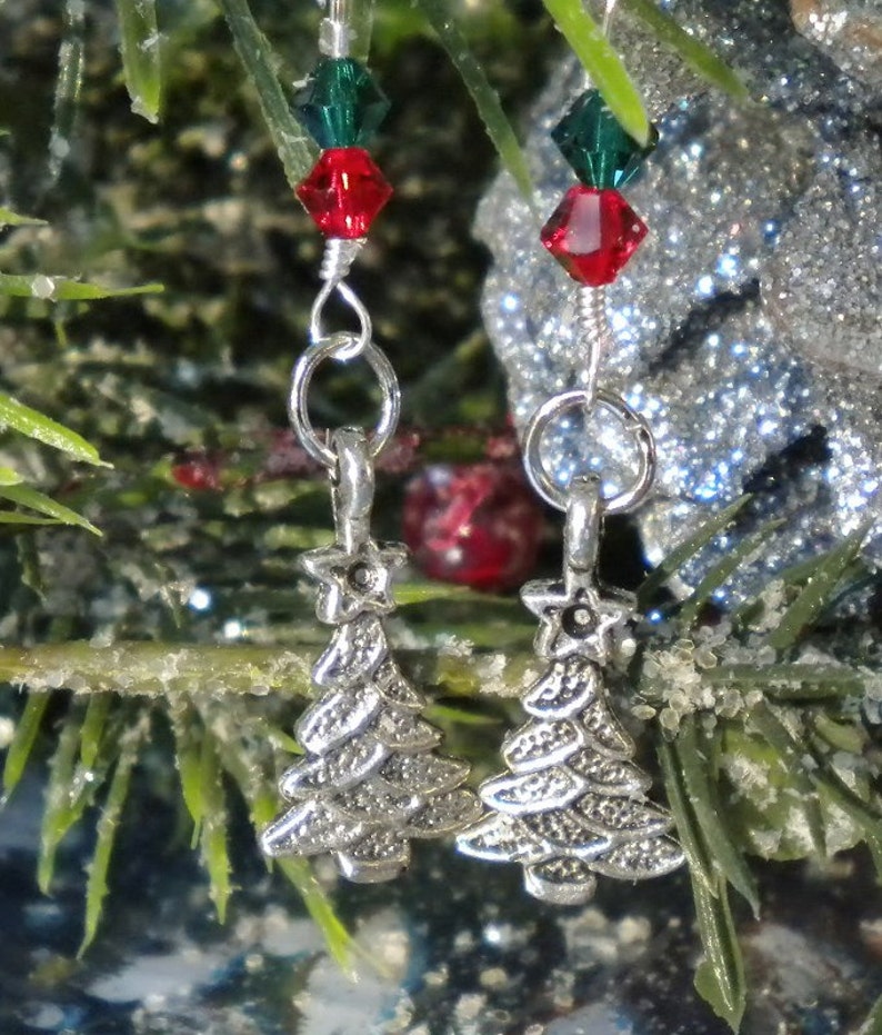 Silver Christmas Tree Earrings w Siam/Emerald Swarovski image 0