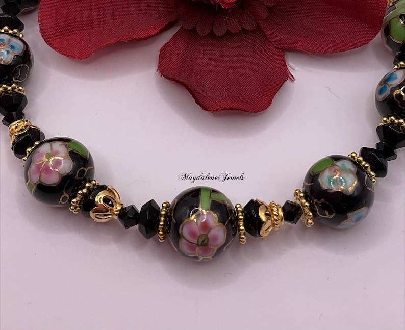 Vintage Cloisonné Bracelet Onyx Crystals 22K Gold image 2