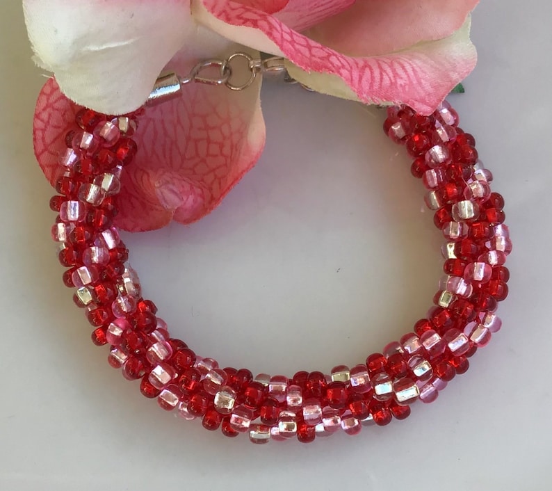 Kumihimo Beaded Bracelet Ruby Pink Czech Glass Beads image 1