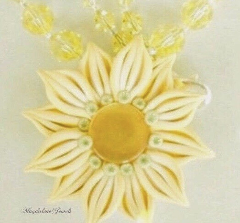 Sunflower Pendant Necklace Yellow Polymer Clay w Jonquil Mint Crystals image 2