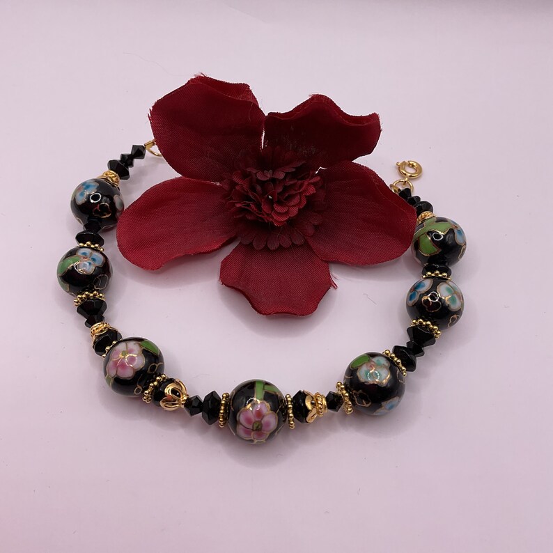 Vintage Cloisonné Bracelet Onyx Crystals 22K Gold image 4