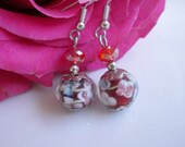 Murano Lampwork Flowered Glass Bead Earrings w Ruby Swarovski Crystals