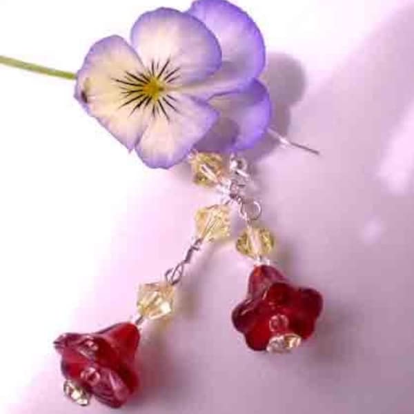 Siam Tulip Flower Earrings w Jonquil Crystals