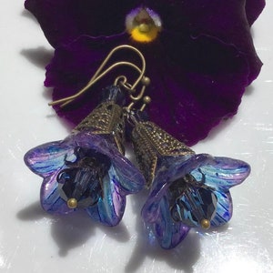 Purple Blue Floral Earrings w Swarovski Crystals image 2