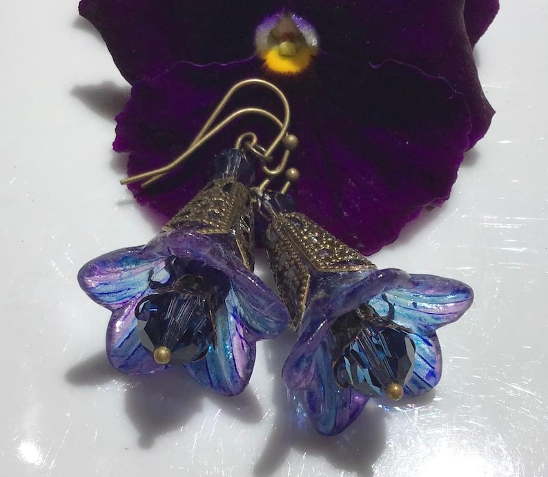 Purple Blue Floral Earrings w Swarovski Crystals image 2