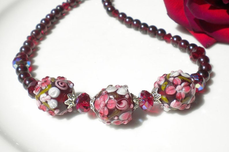 Artisan Floral Lampwork Beads Garnet Gemstones Siam Crystals image 2