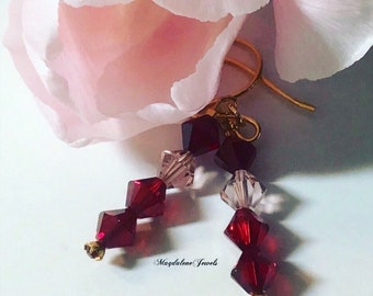 Ruby Red, Pink Crystal Earrings 22K Hooks