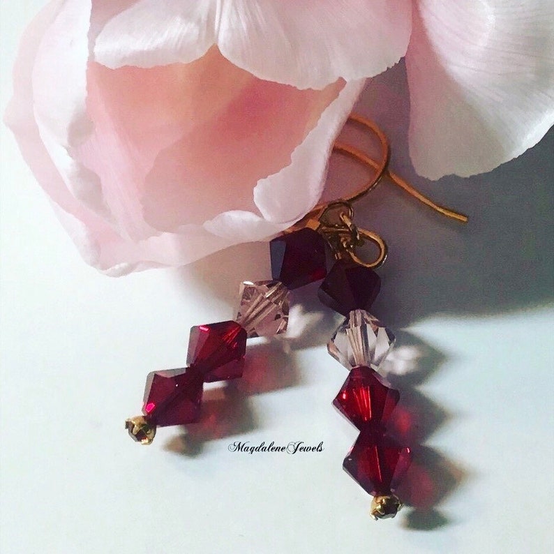 Ruby Red Pink Swarovski Crystal Earrings 22K Hooks image 0