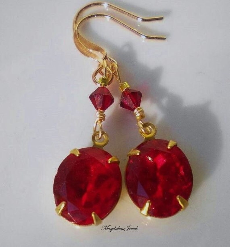 Ruby Red Earrings Crystal Pendants image 1