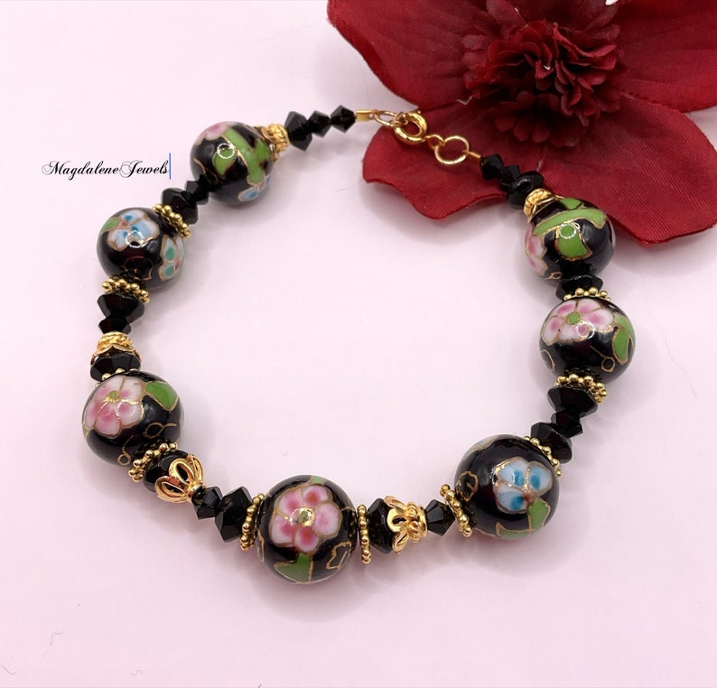 Vintage Cloisonné Bracelet Onyx Crystals 22K Gold image 1