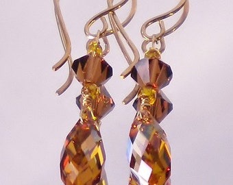 Dark Topaz Crystal Earrings Briolettes w Mocca Crystals