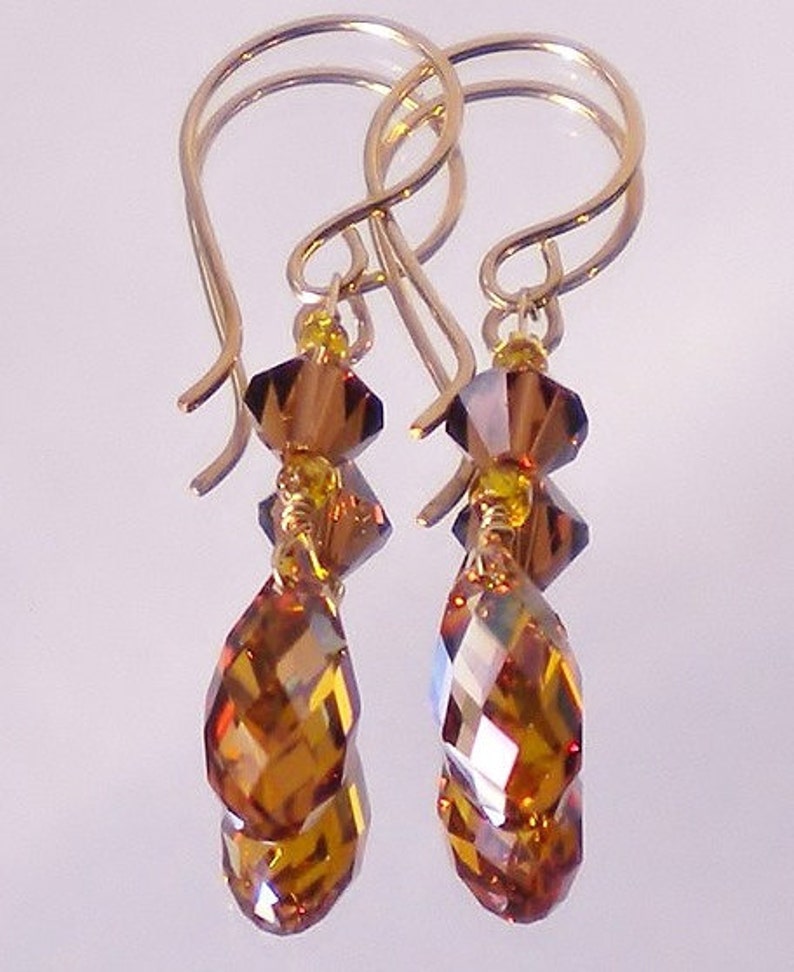 Dark Topaz Crystal Earrings Briolettes w Mocca Crystals image 1