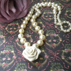 Wedding Pearl Necklace Ivory Pearls Hand Knotted Ivory Polymer Clay Rose image 4