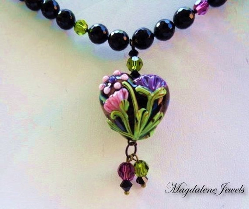 Artisan Lampwork Floral Heart Pendant Necklace Onyx Swarovski Pearl Necklace image 1