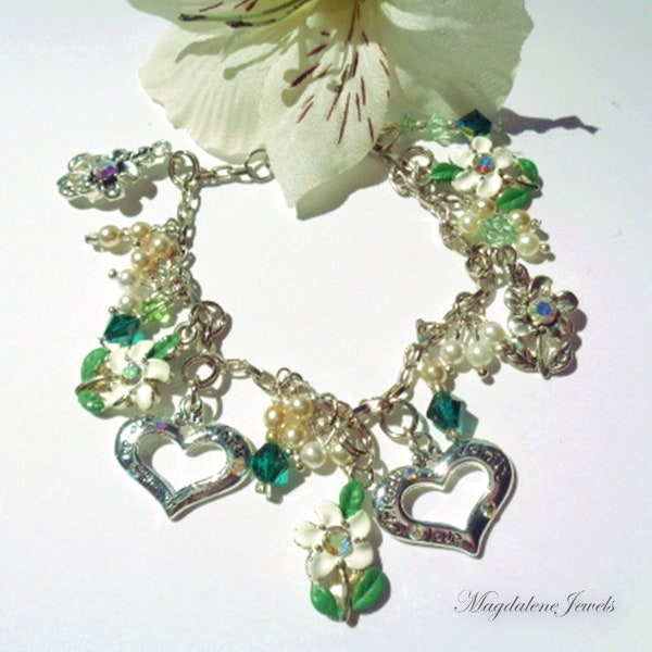 Charm Bracelet Sterling Daisy & Heart Charms Swarovski Pearls Crystals