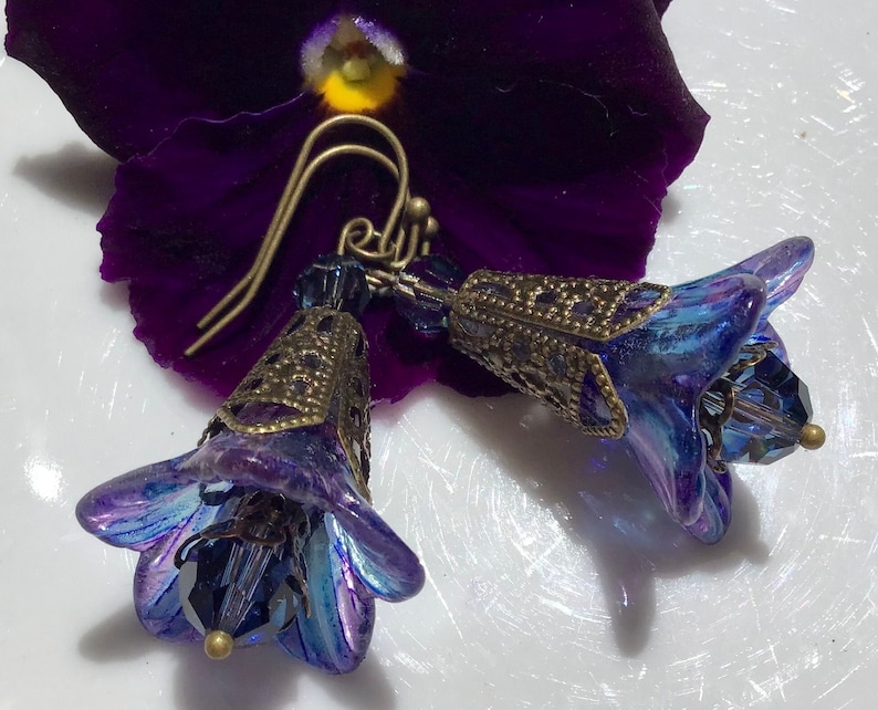 Purple Blue Floral Earrings w Swarovski Crystals image 1