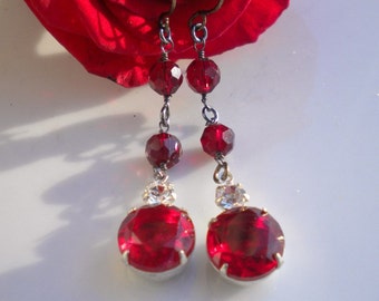 Ruby Red Rhinestone Earrings w Clear & Vintage Garnet Crystals