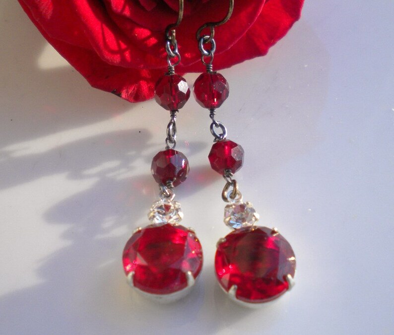 Ruby Red Rhinestone Earrings w Clear & Vintage Garnet Crystals image 1