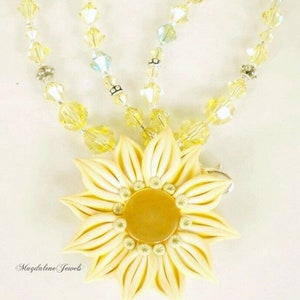 Sunflower Pendant Necklace Yellow Polymer Clay w Jonquil Mint Crystals image 1