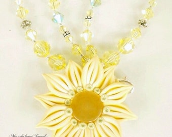 Sunflower Pendant Necklace Yellow Polymer Clay w Jonquil Mint Crystals