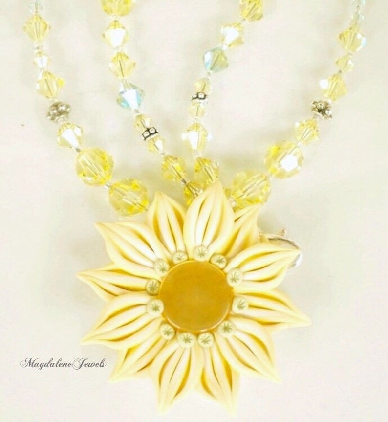 Sunflower Pendant Necklace Yellow Polymer Clay w Jonquil Mint Crystals image 1