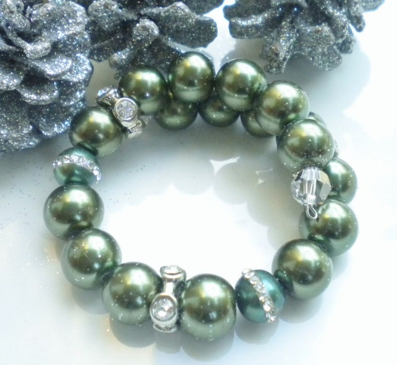 Christmas Bracelet Swarovski Iridescent Green Pearls Clear image 0