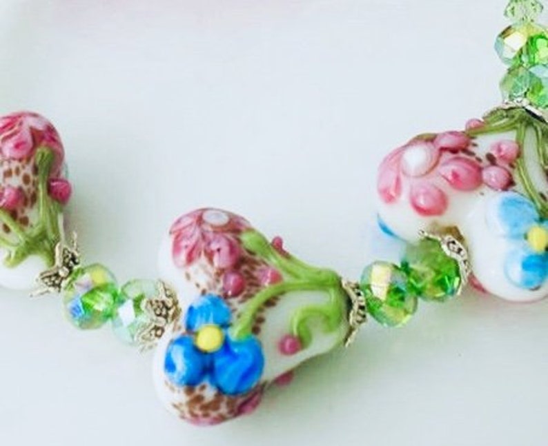 Artisan Lampwork Bracelet Floral Hearts Swarovski Crystals Peridot Crystals image 1