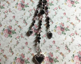 Black Hearts Filigree Necklace Pink Onyx Swarovski Crystals