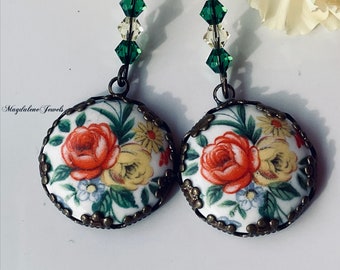 Vintage Porcelain Rose Earrings w Swarovski Crystals