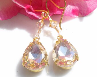 Golden Topaz Earrings Crystals Teardrops