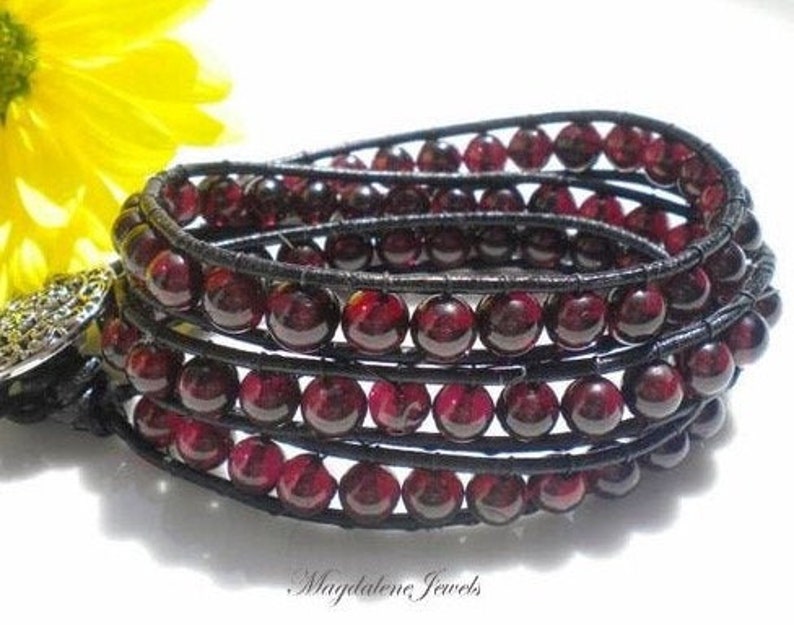 Triple Wrap Bracelet Garnet AA Gemstones Leather Cord Vintage image 0