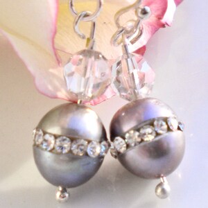 Silver Pearl Earrings w Silk Swarovski Crystals image 2