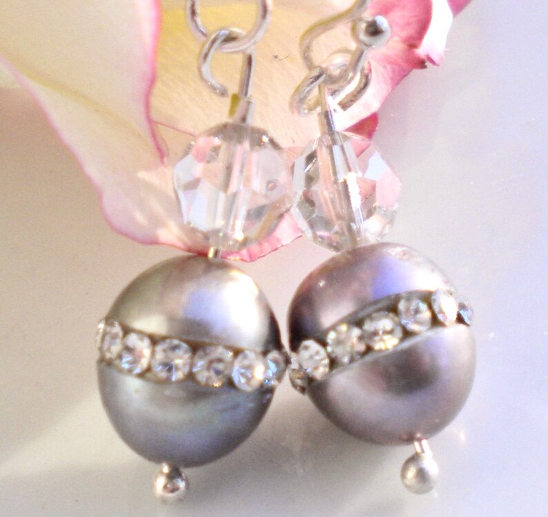 Silver Pearl Earrings w Silk Swarovski Crystals image 2
