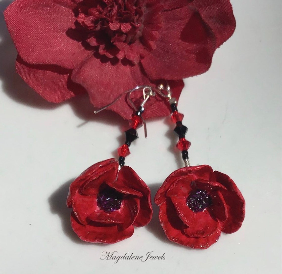 Poppy Flower Earrings Porcelain Flowers W Ruby Onyx Crystals Etsy