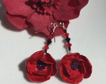 Poppy Flower Earrings Porcelain Flowers w Ruby Onyx Crystals