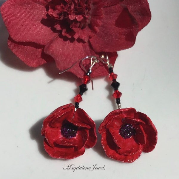 Poppy Flower Earrings Porcelain Flowers w Ruby Onyx Crystals