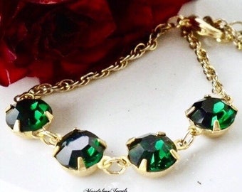 Emerald Rhinestone Bracelet Vintage 14K Gold Plated Chain