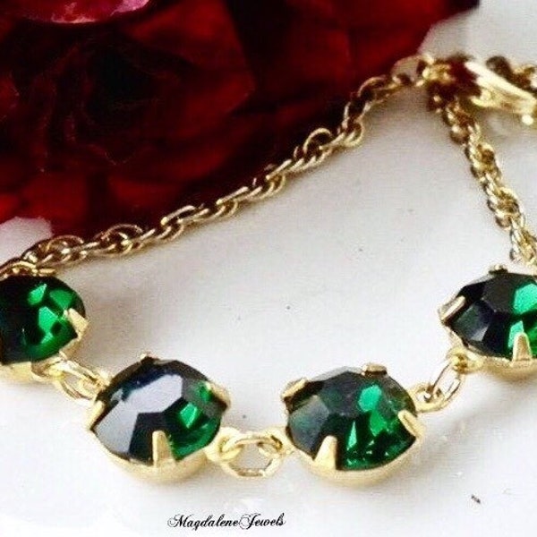 Emerald Rhinestone Bracelet Vintage 14K Gold Plated Chain