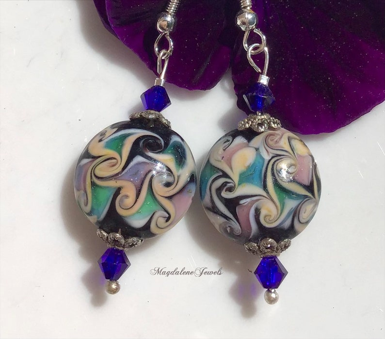 Murano Glass Floral Earrings Cobalt Blue Crystals image 2