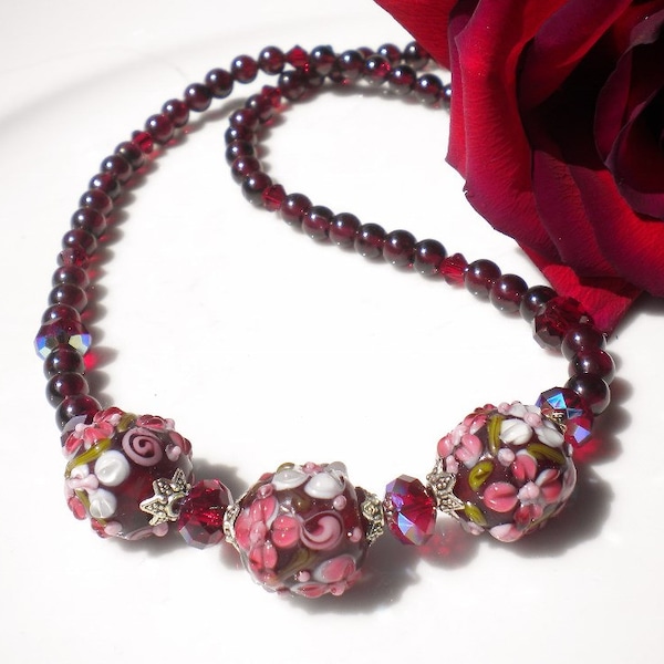 Artisan Floral Lampwork Beads Garnet Gemstones Siam Crystals