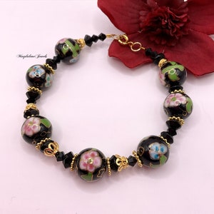 Vintage Cloisonné Bracelet Onyx Crystals 22K Gold image 3